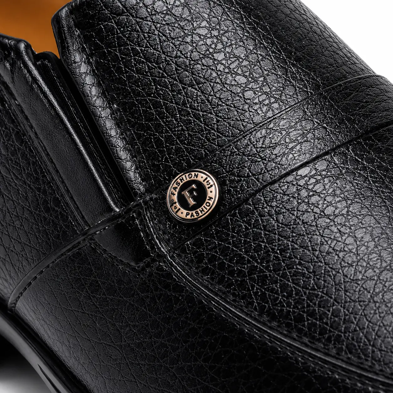 Men’s Black Formal Slip-On Shoes – Model 6002 – Detail View Men’s black formal slip-on shoes, model 6002, close-up detail