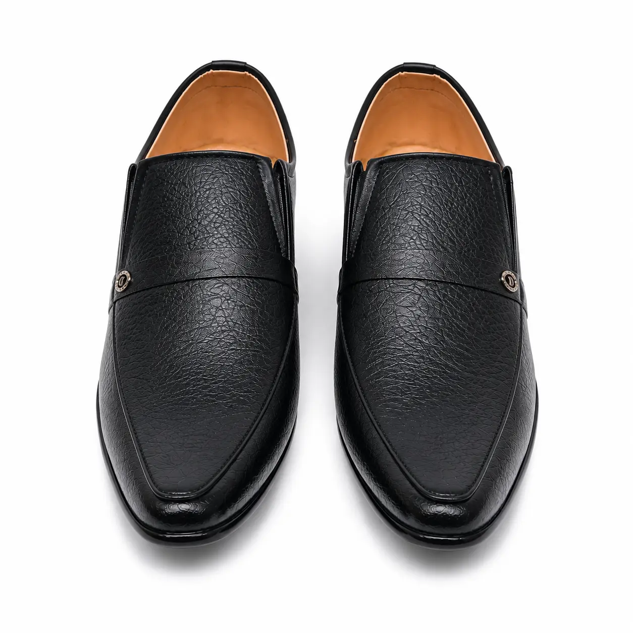 Men’s Black Formal Slip-On Shoes – Model 6002 – Front View Men’s black formal slip-on shoes, model 6002, front view