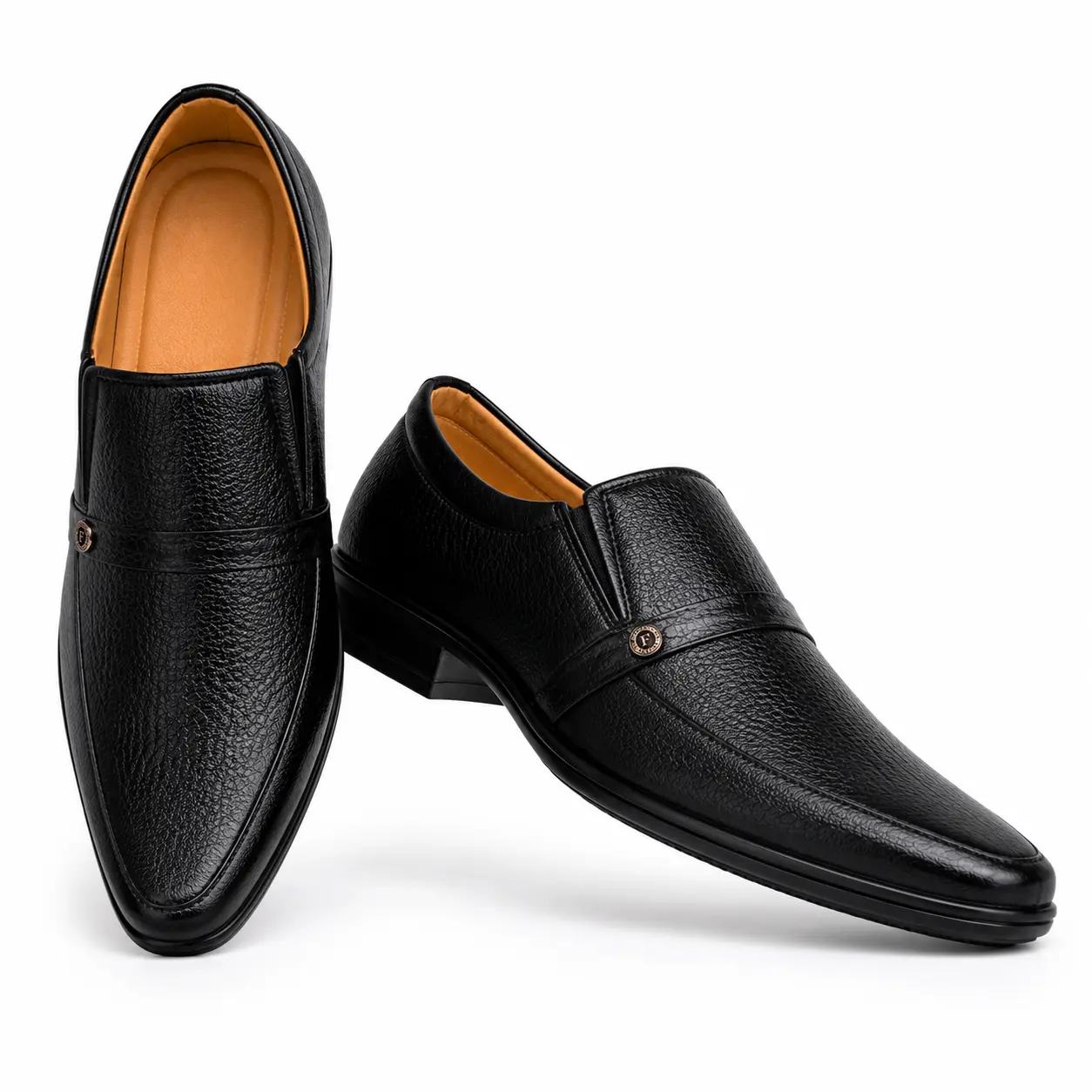Men’s Black Formal Slip-On Shoes – Model 6002 – Pair Arrangement Pair of men’s black formal slip-on shoes, model 6002, arranged product view