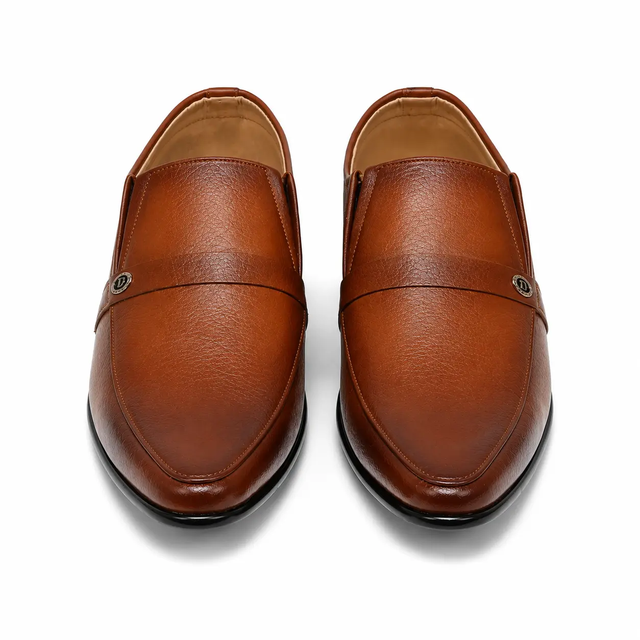 Model 6002 Two-Tone Tan Slip-On Shoes – Front View Front view of men’s two-tone tan formal slip-on shoes – Model 6002