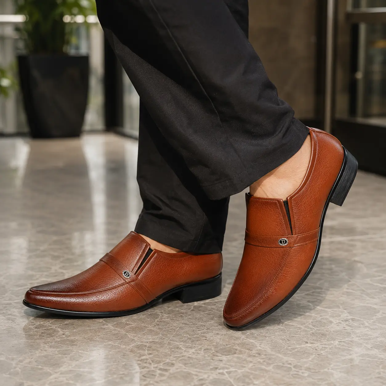 Model 6002 Two-Tone Tan Slip-On Shoes – Lifestyle Men wearing two-tone tan formal slip-on shoes – Model 6002
