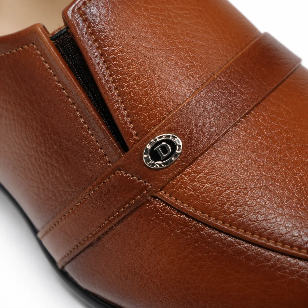 Model 6002 Two-Tone Tan Slip-On Shoe – Material Detail Close-up of two-tone tan material and stitching on Model 6002 slip-on shoe