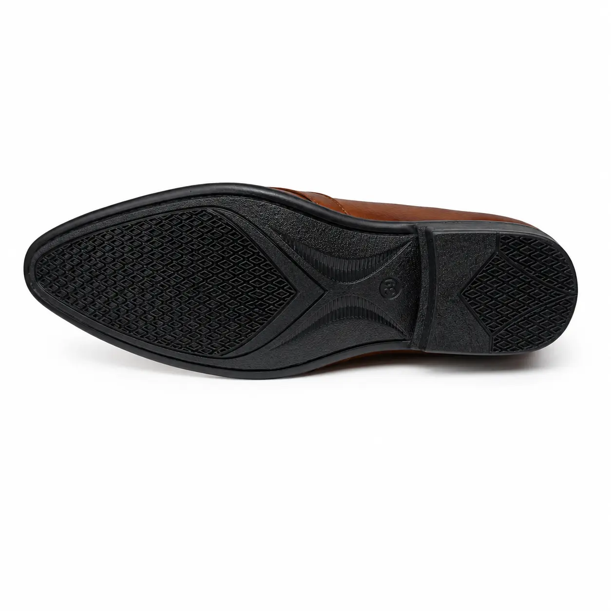 Model 6002 Two-Tone Tan Slip-On Shoe – Sole View Sole tread of men’s two-tone tan formal slip-on shoe – Model 6002
