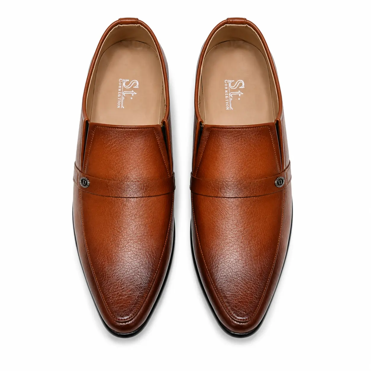 Model 6002 Two-Tone Tan Slip-On Shoes – Top View Top view of men’s two-tone tan formal slip-on shoes – Model 6002