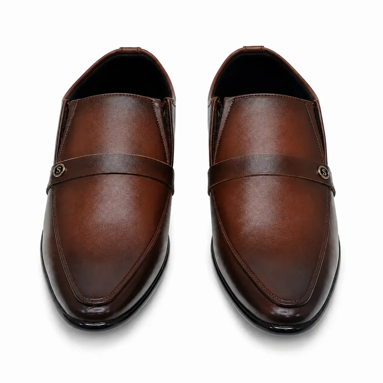 Model 6002 A9 Two-Tone Brown Formal Shoes – Front View Front view of men’s two-tone brown formal slip-on shoes – Model 6002 A9